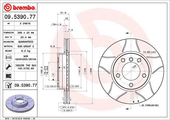 BREMBO brake disc 09.5390.77, set of 2 - Brake Disc