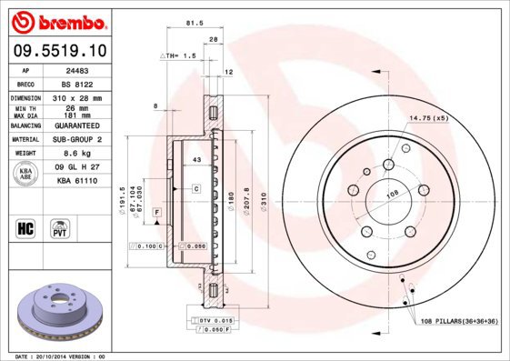 BREMBO brake disc 09.5519.10, set of 2 - Brake Disc