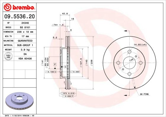 BREMBO brake disc 09.5536.20, set of 2 - Brake Disc