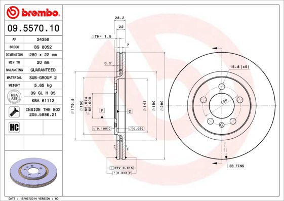 BREMBO brake disc 09.5570.10, set of 2 - Brake Disc