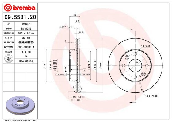 BREMBO brake disc 09.5581.20, set of 2 - Brake Disc