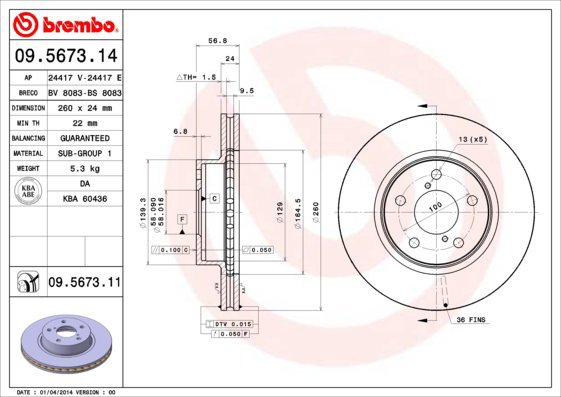 BREMBO brzdový kotouč 09.5673.11, sada 2 ks - Brake Disc