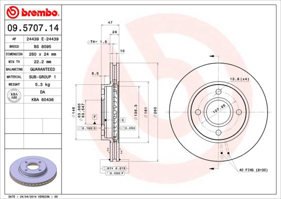 BREMBO brzdový kotouč 09.5707.14, sada 2 ks - Brake Disc