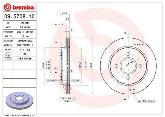BREMBO brzdový kotouč 09.5708.10, sada 2 ks - Brake Disc