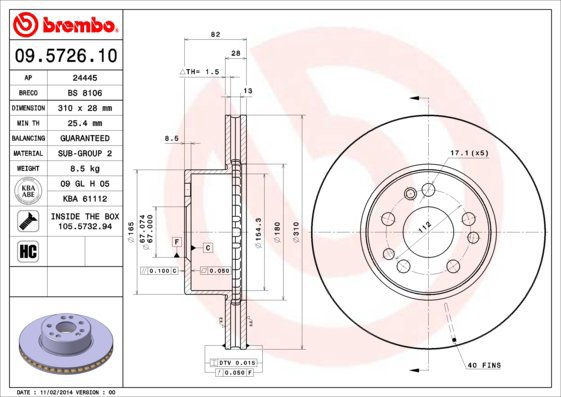 BREMBO brzdový kotouč 09.5726.10, sada 2 ks - Brake Disc