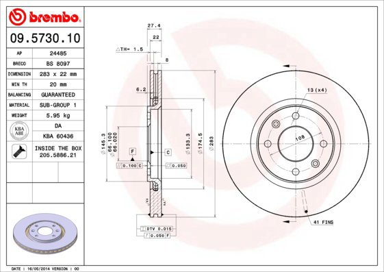 BREMBO brzdový kotouč 09.5730.10, sada 2 ks - Brake Disc