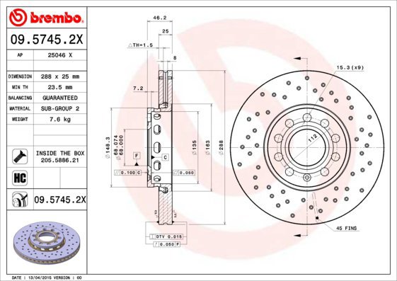 BREMBO brzdový kotouč 09.5745.2X, sada 2 ks - Brake Disc