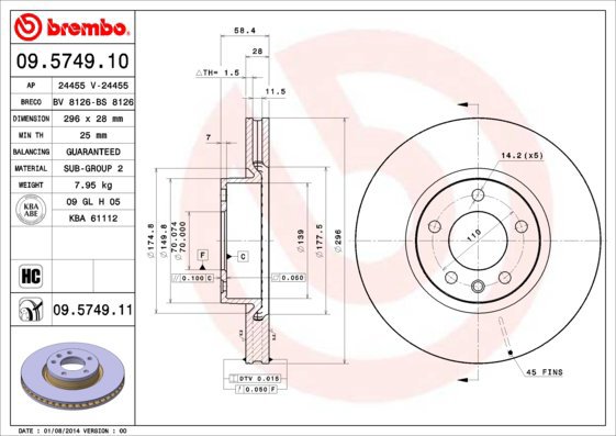 BREMBO brzdový kotouč 09.5749.10, sada 2 ks - Brake Disc