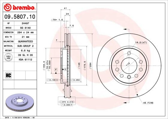 BREMBO brzdový kotouč 09.5807.10, sada 2 ks - Brake Disc