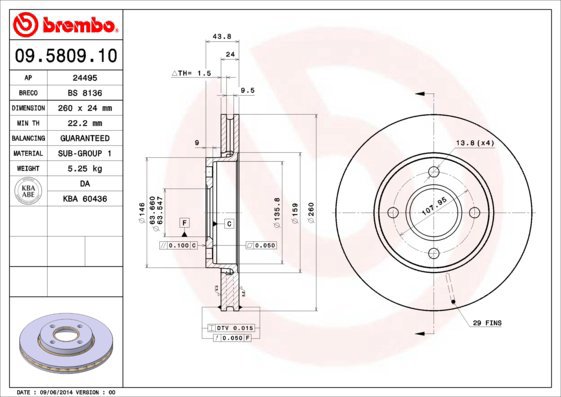 BREMBO brzdový kotouč 09.5809.10, sada 2 ks - Brake Disc