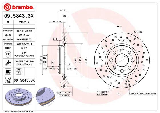 BREMBO brzdový kotouč 09.5843.3X, sada 2 ks - Brake Disc