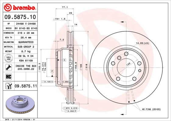 BREMBO brzdový kotouč 09.5875.10, sada 2 ks - Brake Disc