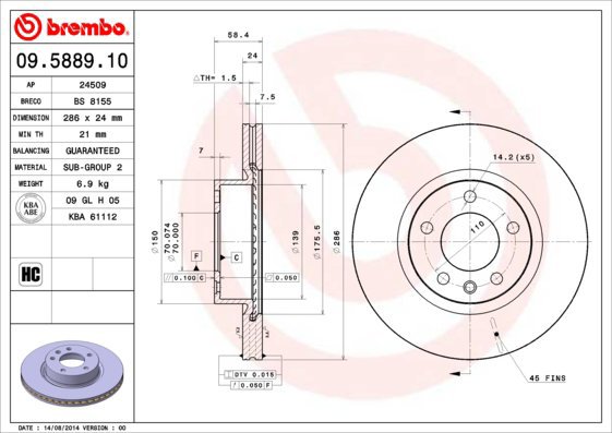 BREMBO brzdový kotouč 09.5889.10, sada 2 ks - Brake Disc
