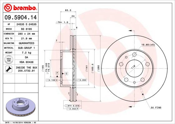 BREMBO brzdový kotouč 09.5904.14, sada 2 ks - Brake Disc