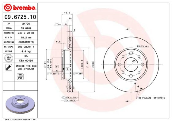 BREMBO brzdový kotouč 09.6725.10, sada 2 ks - Brake Disc