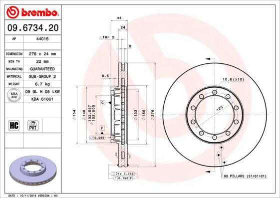 BREMBO brzdový kotouč 09.6734.20, sada 2 ks - Brake Disc