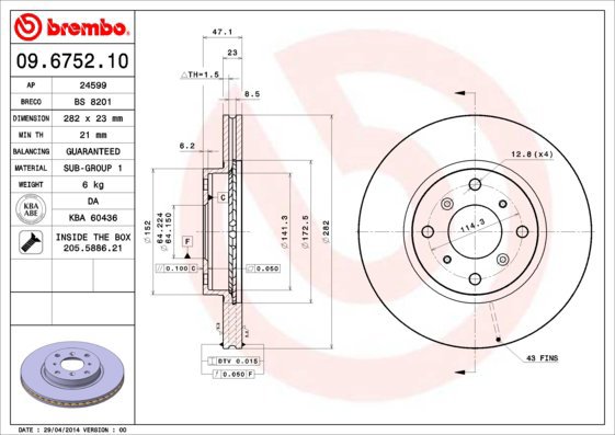 BREMBO brzdový kotouč 09.6752.10, sada 2 ks - Brake Disc