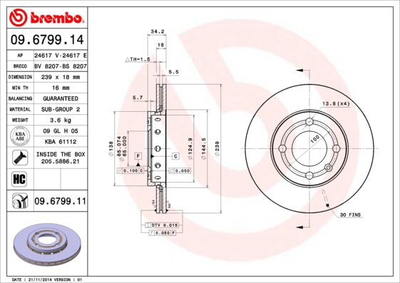 BREMBO brzdový kotouč 09.6799.14, sada 2 ks - Brake Disc