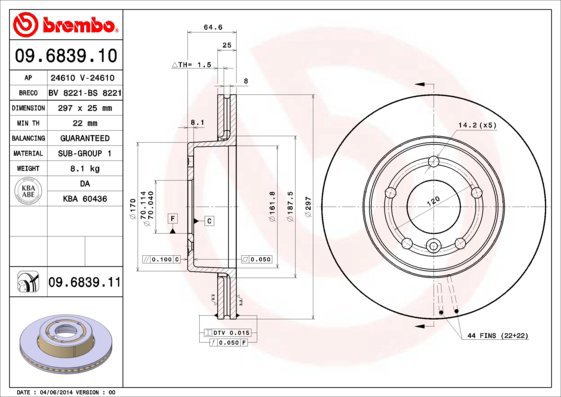 BREMBO brzdový kotouč 09.6839.11, sada 2 ks - Brake Disc