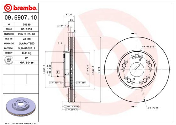 BREMBO brzdový kotouč 09.6907.10, sada 2 ks - Brake Disc