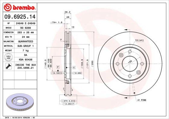 BREMBO brzdový kotouč 09.6925.14, sada 2 ks - Brake Disc