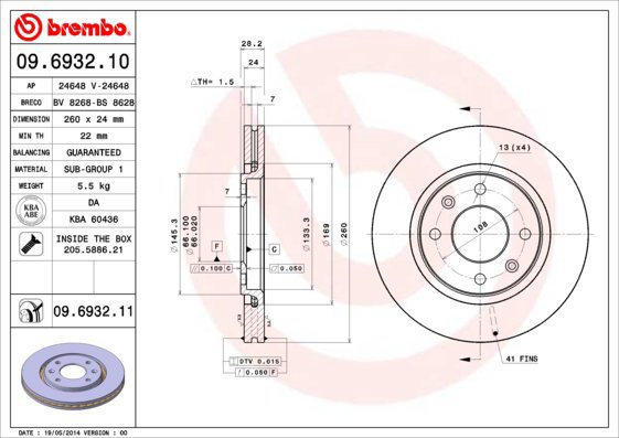 BREMBO brzdový kotouč 09.6932.11, sada 2 ks - Brake Disc