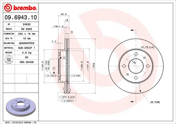 BREMBO brzdový kotouč 09.6943.10, sada 2 ks - Brake Disc