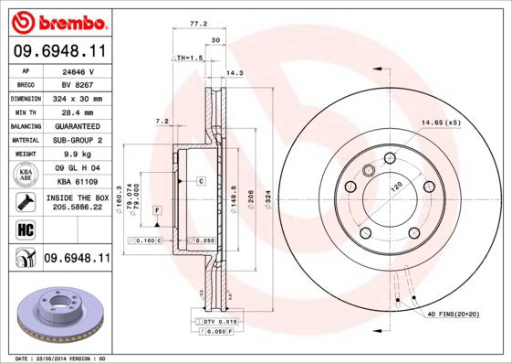 BREMBO brzdový kotouč 09.6948.11, sada 2 ks - Brake Disc