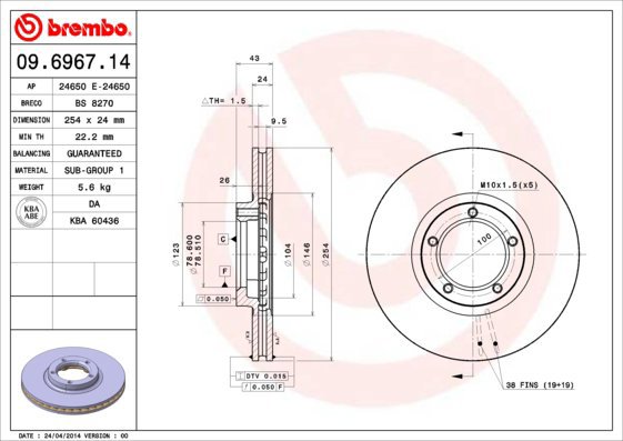 BREMBO brzdový kotouč 09.6967.14, sada 2 ks - Brake Disc