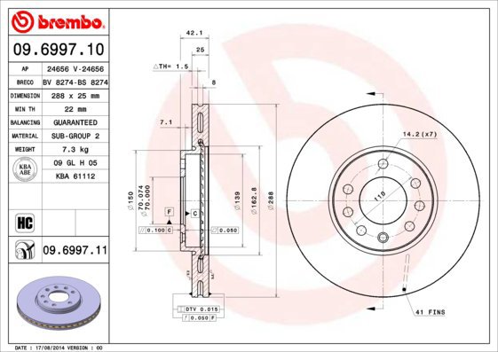 BREMBO brzdový kotouč 09.6997.11, sada 2 ks - Brake Disc