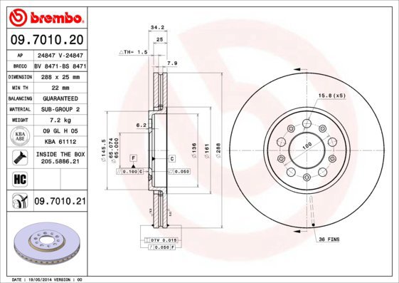 BREMBO Kotouč brzd OCT/FAB 288 BREMBO 09.7010.21, sada 2 ks - Brake Disc