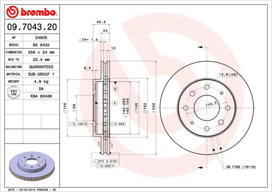 BREMBO brzdový kotouč 09.7043.20, sada 2 ks - Brake Disc