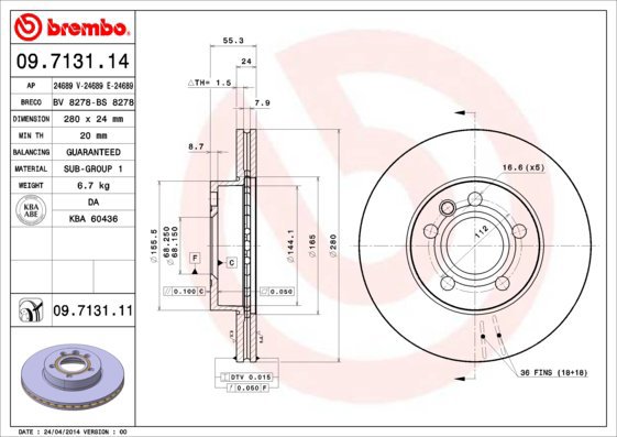 BREMBO brzdový kotouč 09.7131.14, sada 2 ks - Brake Disc