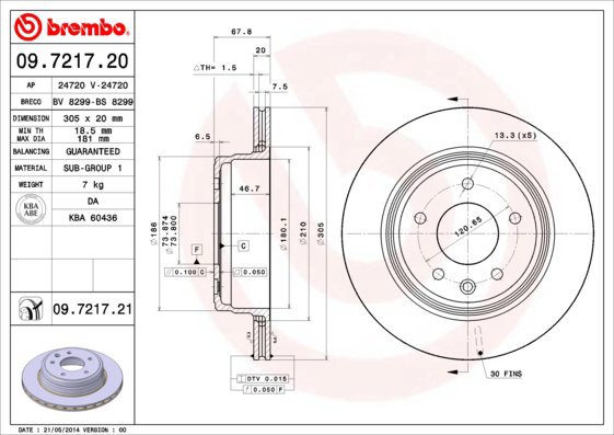 BREMBO brzdový kotouč 09.7217.21, sada 2 ks - Brake Disc