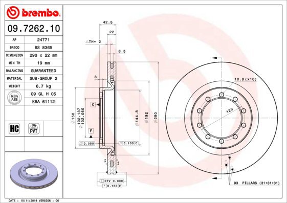 BREMBO brzdový kotouč 09.7262.10, sada 2 ks - Brake Disc