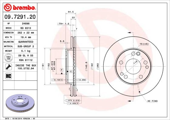 BREMBO brzdový kotouč 09.7291.20, sada 2 ks - Brake Disc