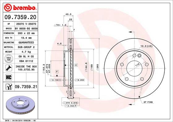 BREMBO brzdový kotouč 09.7359.20, sada 2 ks - Brake Disc