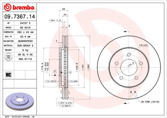 BREMBO brzdový kotouč 09.7367.14, sada 2 ks - Brake Disc