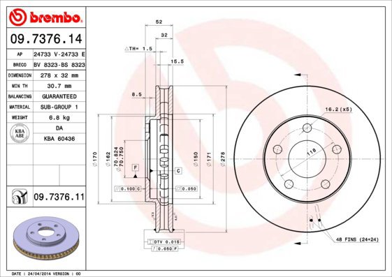 BREMBO brzdový kotouč 09.7376.14, sada 2 ks - Brake Disc
