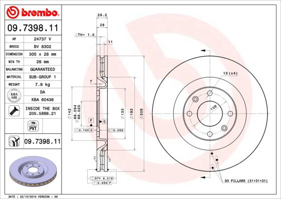 BREMBO brzdový kotouč 09.7398.11, sada 2 ks - Brake Disc