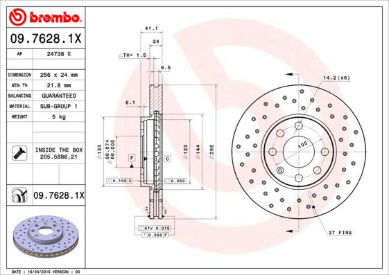 BREMBO brzdový kotouč 09.7628.1X, sada 2 ks - Brake Disc