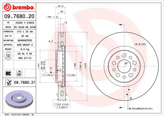 BREMBO brzdový kotouč 09.7680.20, sada 2 ks - Brake Disc