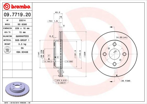 BREMBO brzdový kotouč 09.7719.20, sada 2 ks - Brake Disc