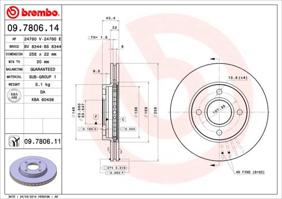 BREMBO brzdový kotouč 09.7806.14, sada 2 ks - Brake Disc