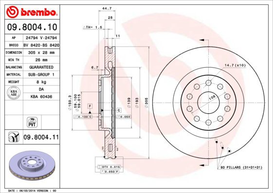 BREMBO brzdový kotouč 09.8004.10, sada 2 ks - Brake Disc