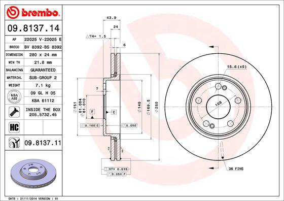 BREMBO brzdový kotouč 09.8137.14, sada 2 ks - Brake Disc