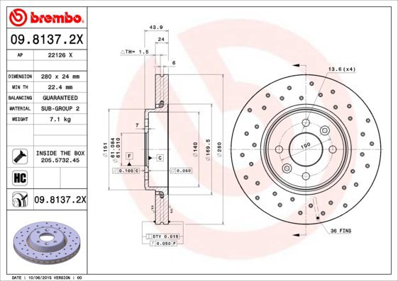 BREMBO brzdový kotouč 09.8137.2X, sada 2 ks - Brake Disc