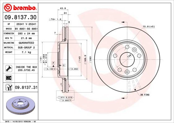BREMBO brzdový kotouč 09.8137.31, sada 2 ks - Brake Disc