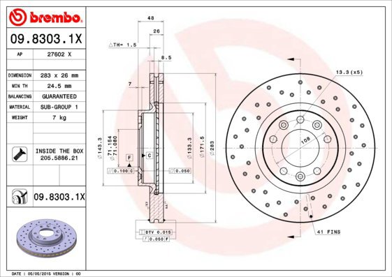 BREMBO brzdový kotouč 09.8303.1X, sada 2 ks - Brake Disc