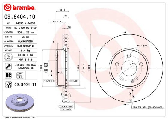 BREMBO brzdový kotouč 09.8404.11, sada 2 ks - Brake Disc